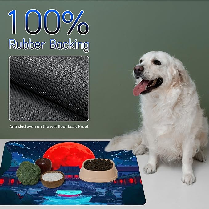 Dog Food Mat, 19.6" x 23.6" Absorbent Pet Feeding Mat for Food and Water, Waterproof Diatom Mud Pet Placemat with Non-Slip Rubber Backing, Cat Bowl Mat for Floors - Red Sunset Bridge