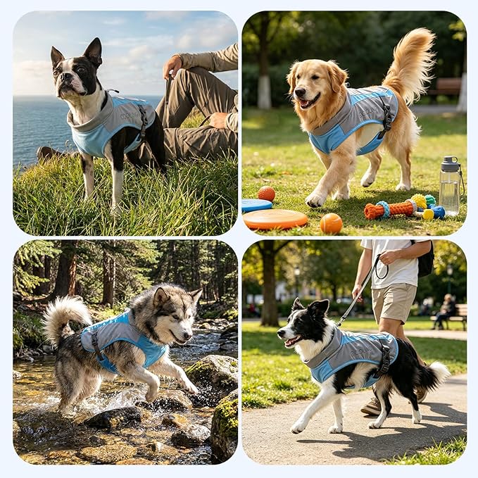 Mora Pets Dog Cooling Vest for Summer Lightweight Breathable UPF 50 Sun Protection Evaporative Cooling Adjustable Fit with Hidden Leash Access for Small Medium Large Dogs Light Gray Blue M