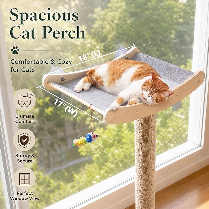 Window Cat Perch with Scratching Posts, 46" Wood Tree Bed for Maine Coon Big Cats Perching and Lounging, Mounted with 3 Strong Suction Cups (Wood Platform)