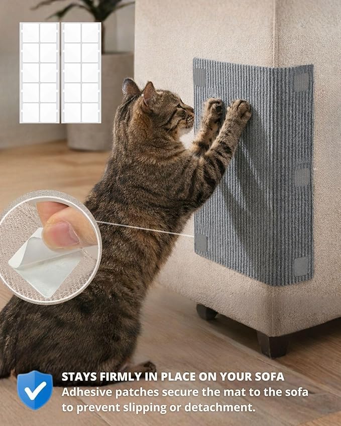 Corner & Wall Cat Scratch Mat, Self-Adhesive Trimmable Cat Scratcher, Wall Mounted Scratching Pad for Indoor Cats, Sofa Furniture Protector, Cat Post Cover Replacement (Grey, 23.6''x11.8'', 3-Pack)
