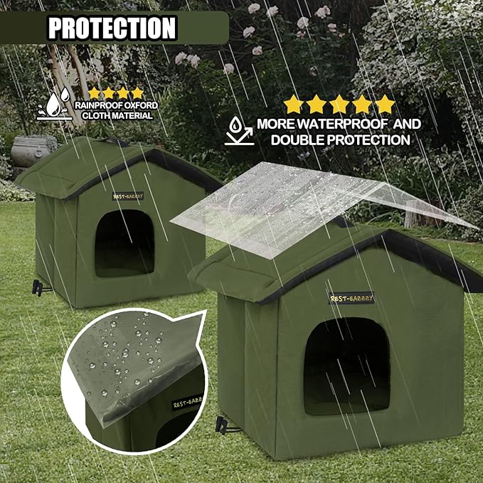 Rest-Eazzzy Cat House for Outdoor Cats, Weatherproof and Insulated Feral Cat House with Mat and Clip, Easy to Put Together, Selfwarming Cat Shelter for Summer(Olive Green, Canopy House X 1)