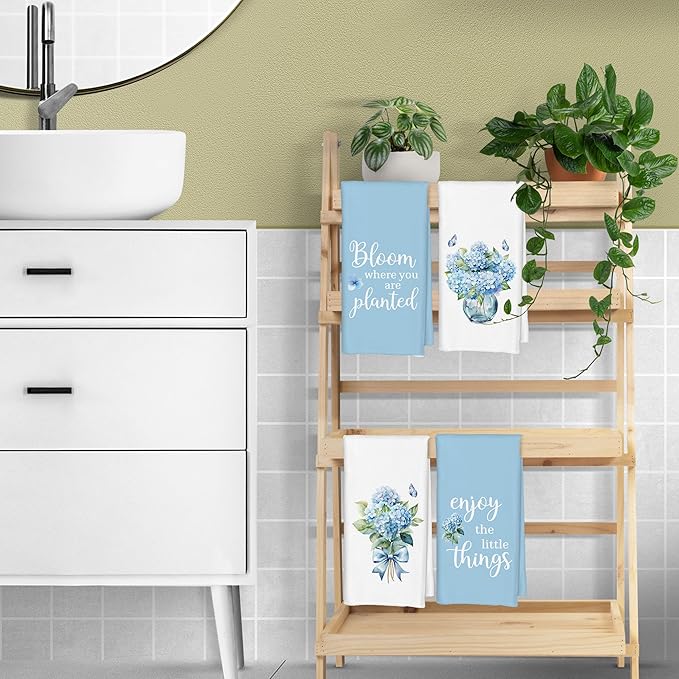 Hydrangea Kitchen Towels Set of 4 - Bloom Where You are Planted Blue Hydrangea Decorative Hand Towels for Bathroom Gifts, 16x24