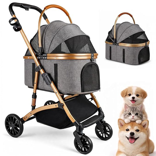 3-in-1 Dog Stroller with Rain Cover, Quick Foldable, Detachable Carrier & Car Seat, for Medium Dogs Cats Up to 50 lbs, Anti-Shock Solid Rubber Wheels, Grey