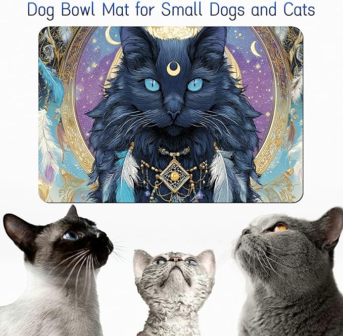Dog Food Mat, 19.6" x 23.6" Absorbent Pet Feeding Mat for Food and Water, Waterproof Diatom Mud Pet Placemat with Non-Slip Rubber Backing, Cat Bowl Mat for Floors - Feathered Black Cat