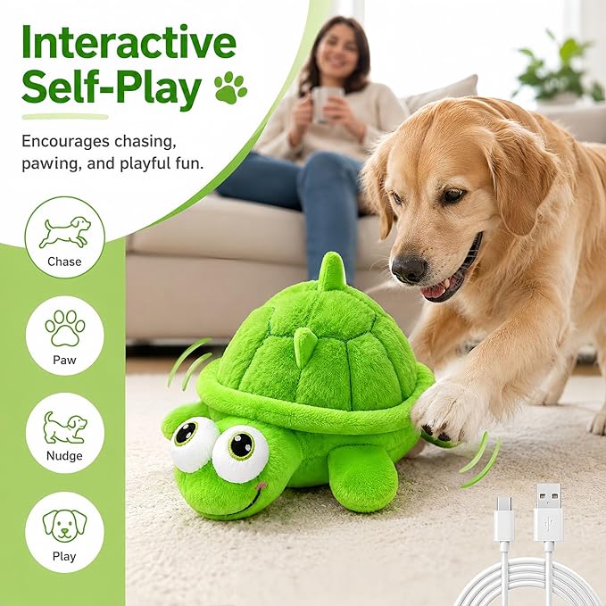 Interactive Dog Toys, Moving Turtle Dog Toy with Bouncing Ball & Music, Rechargeable Plush Dog Toy for Small Medium Large Dogs, Automatic Self Play Dog Toy to Keep Dogs Busy for Indoor Outdoor Play