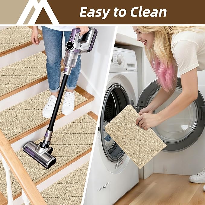 COSY HOMEER Stair Treads for Wooden Steps 9"x28",Washable Non Slip Peel and Stick Carpet Stair Treads with Reusable Residue Free Backing Soft Pet Friendly Stair Runner for Kids Elders,Warm Beige,7pcs