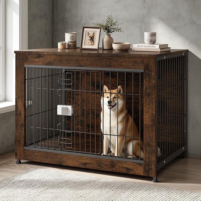 Wooden Dog Crate Furniture, 32in Dog Cage Furniture with Slide Safety Latch, Indoor Decorative End Table for High Anxiety Dogs, Furniture Style Dog Crate for Medium Dogs, Aged Black