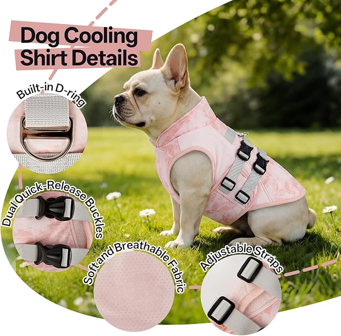 DORA BRIDAL Dog Cooling Vest for Summer, Lightweight Breathable Mesh Cooling Jacket with Harness, Soft Pet Cooler Shirt for Frenchie, UV Protection for Beach Hiking Walking -L, Pink
