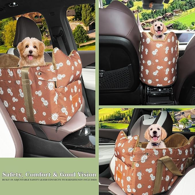 Dog Center Console Car Seat – Small Dog Booster Seat, Portable Armrest Car Travel with Anti-Collapse Design, Washable Fluffy Cushion & Pillow, Up to 15 lbs (Coffee Color)