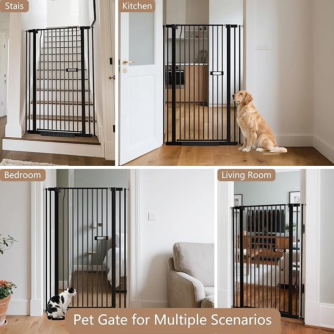 Cat Gate for Doorways, 55.1" Extra Tall Dog Gate Indoor for Stairs/Hallways/Kitchen, 34-38.1" Wide Include 4.13" Extension Kits, No Drilling Auto Close High Pressure Mounted, Black