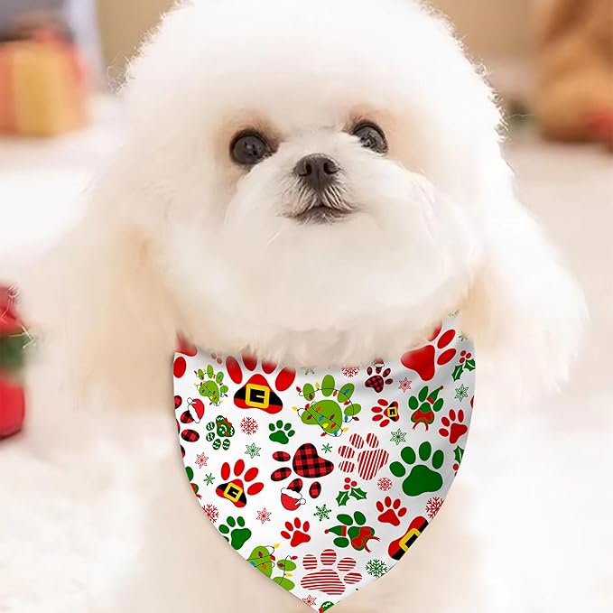 Christmas Dog Bandanas Reversible 2 Pack Small, Cute Santa Claus Dog Paw Tree Snowman Christmas Pet Bandanas Set Adjustable Triangle Winter Xmas Holiday Scarves for Small Medium Boy Girl Dogs