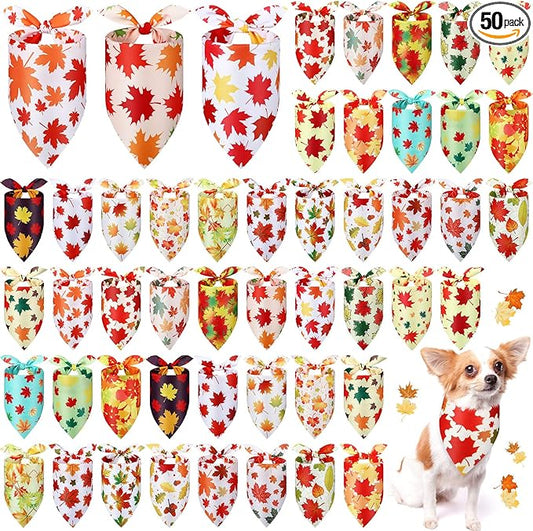 Abbylike 50 Pcs Fall Thanksgiving Dog Bandanas Bulk Maple Leaves Bandanas for Dogs Triangle Kerchief Bib Scarf for Pets Autumn Costume Photo Props Accessories Pet Shops, 25 Styles (31.5 x 21.7 x 21.7)