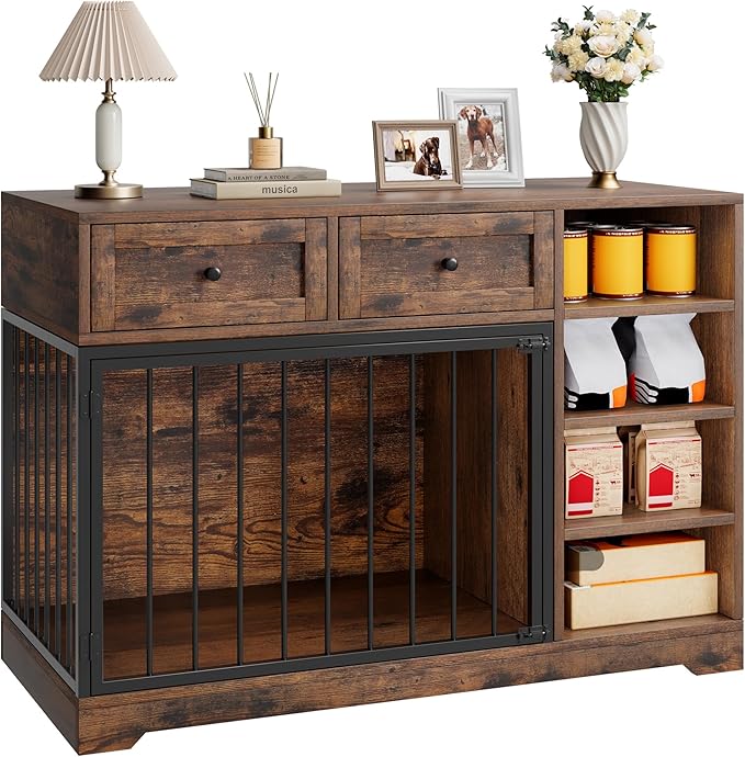 IDEALHOUSE 47” Large Dog Crate, Dog Kennel Indoor with 2 Drawers and 4 Shelves, Dog Crate Furniture TV Stand, Wooden Dog Cage for Medium Large Dogs, Brown