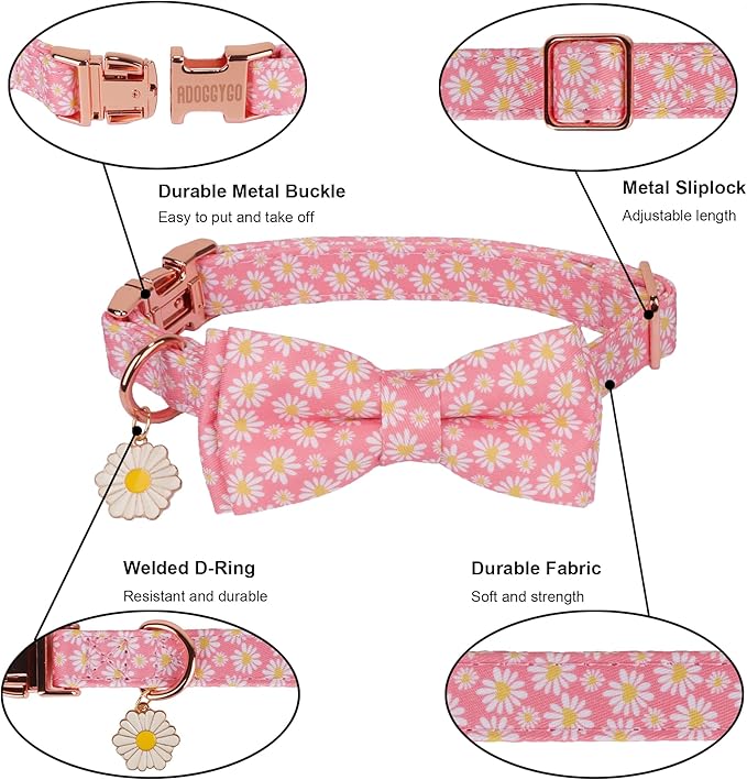ADOGGYGO Floral Dog Collar with Bowtie, Metal Buckle, Adjustable White Daisy Floral Collars for X-Small Dogs (X-Small)