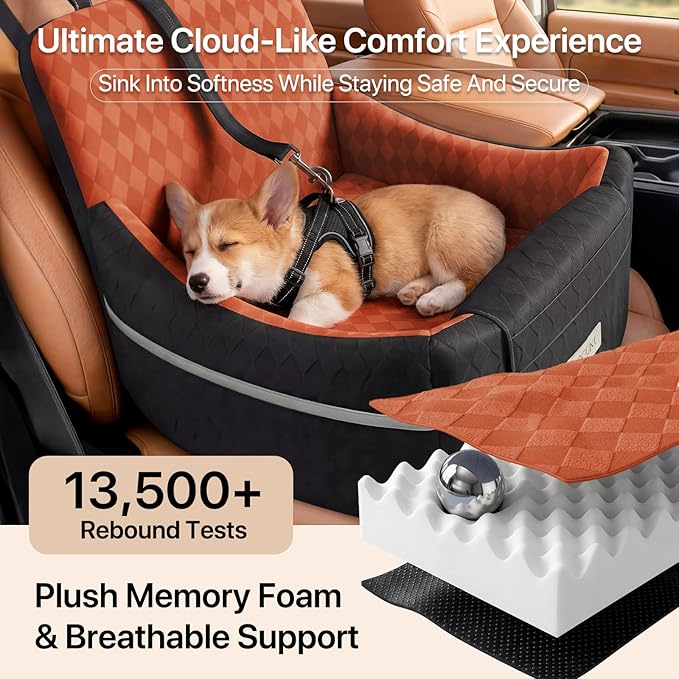 Doglike Dog Car Seat for Small Dogs [2026 Ultimate Comfort & Safety], 5" Memory Foam Pet Booster Seats Up to 35 lbs with Detachable Washable Cover, Travel-Safe Car Bed with Puppy Safety Belt, Brown