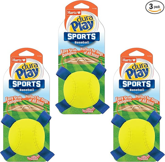 Hartz Dura Play Sports Baseball Dog Toy, Bacon Scented Squeaky Latex Yellow & Blue Toy, 3 Count
