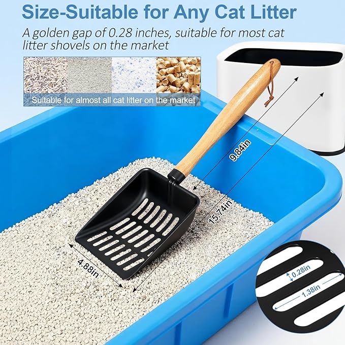 Cat Litter Scoop, Metal Litter Scoop, Heavy Duty Metal Cat Scooper for Litter Box, Black Sifter Scoop for Pellets, Wooden Handle Scoop with Hole, Kitty Necessity (Cat Litter Scoop Long with Holder)