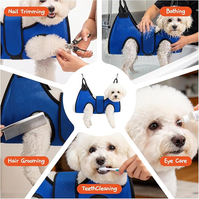 Dog Grooming Hammock Harness, Hanging Sling Restraint for Nail Clipping Small to Medium Dogs & Cats, with Nail Clipper and Comb Pet Grooming Hammock Kit-Small