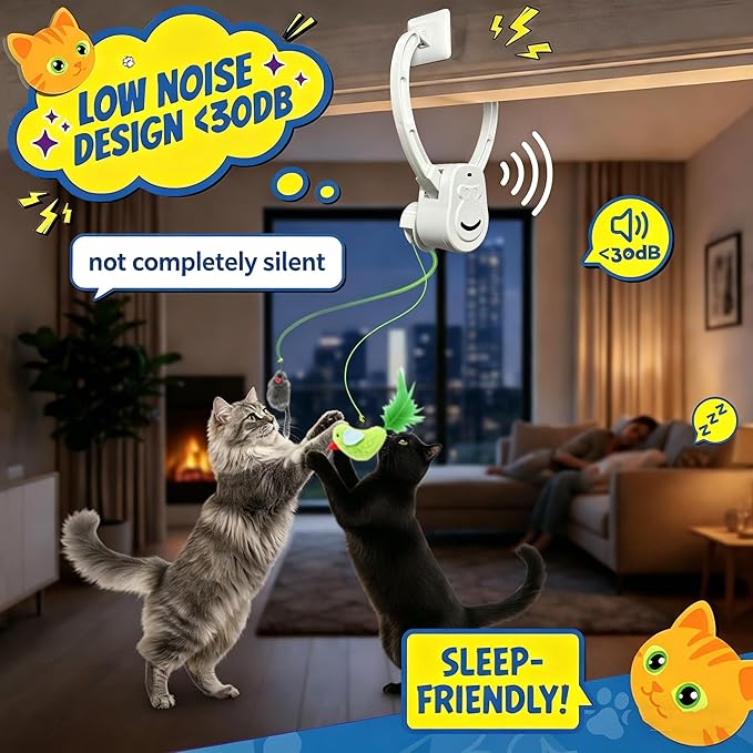 Interactive Cat Toy for Indoor Cats, 2-Mode Automatic Door Hanging Cat Toy with Flying Bird & Mouse, USB Rechargeable Quiet Electric Cat Toy for Bored Cats, Kittens & Multi-Cat Homes