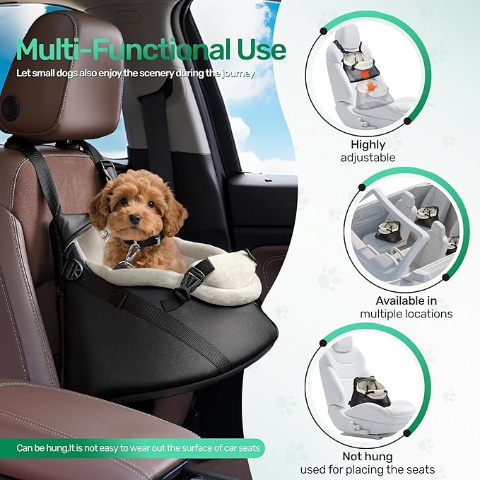 YUDODO Teacup Dog Car Seat – Designed for Tiny Dogs up to 7 lbs – Luxurious Vegan Leather Booster Seat for Chihuahua & Yorkie with Safety Belt & Soft Cushion, Black