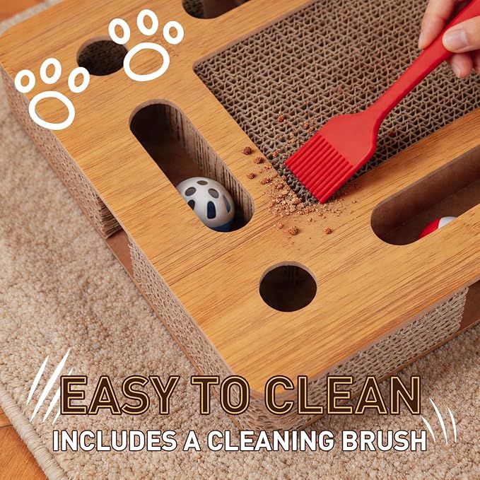 OHMU Interactive Cat Puzzle Box, Cat Nail File Toy, Wooden Enrichment Scratch Board for Indoor Cats with Bell Balls & Wand, No Assembly