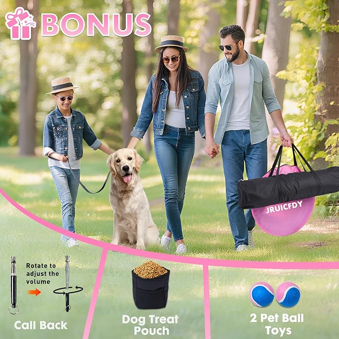 Dog Agility Course Backyard Set, Dog Agility Equipment, Pet obstacle Course Backyard with 6 Dual Mode Weave Poles, 2 Adjustable Hurdle, Jump Ring, Tunnel, Pause Box, Toy Balls and 2 Carrying Bags,Pink