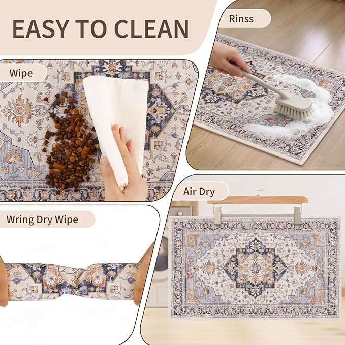 Boho Dog Feeding Mat, Absorbent Cat Matt for Food, Non Slip Pet Water Bowl Placemat Small for Floor, Cream & Terracotta & Blue Indoor Dog Eating Dish Mat 12"x20"