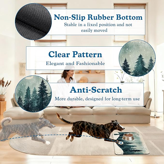 Mysty Winter Fores Pet Feeding Mat–Quick Dry Absorbent Dog Cat Food Mat, Non Slip Waterproof Bowl Placemat for Messy Eaters, Pet Accessories for Floors 12"x20"