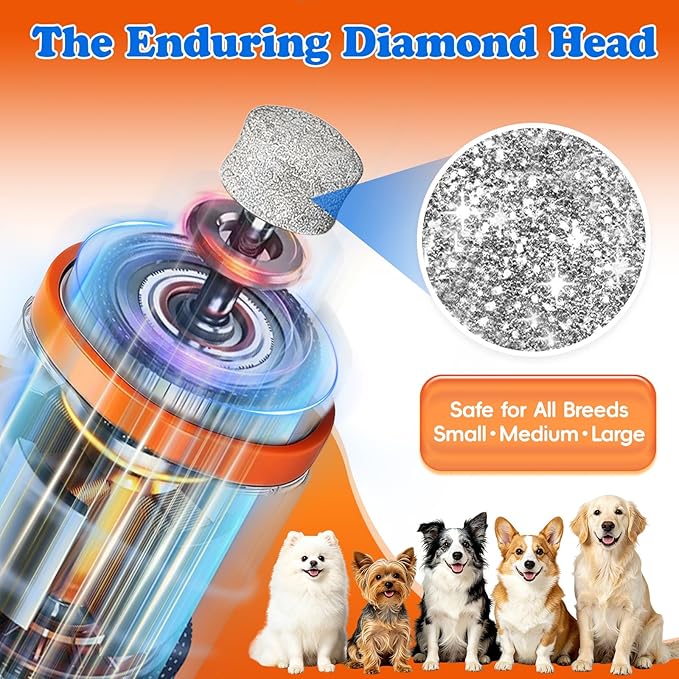 Dog Nail Grinder with LED Light – Quiet & Safe Pet Nail Trimmer for Small Medium Large Dogs & Cats, Cordless & Rechargeable, Low Noise Dog Nail Care for Beginners