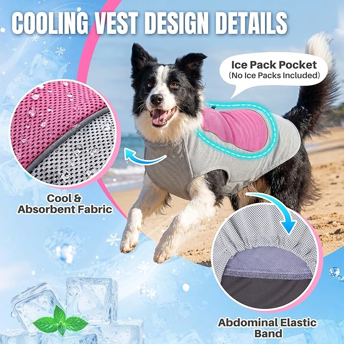 SlowTon Dog Cooling Vest - with Ice Pack Pocket, 3-Layer Evaporative Cooling Jacket with Reflective Stripes, Lightweight Breathable Summer Pet Clothes for Small, Medium and Large Dogs (Pink, 2XL)