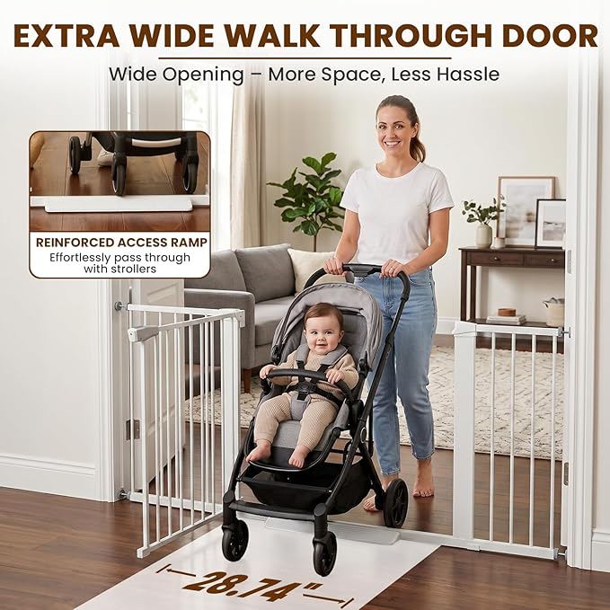 Mumeasy 36-63" Extra Wide Baby Gate for Stairs, 28.74" Walk Through Large Dog Gate for Doorways & Hallways, Auto Close Pet Gate Indoor, Pressure Mounted Child Wide Long Safety Gate for House, White