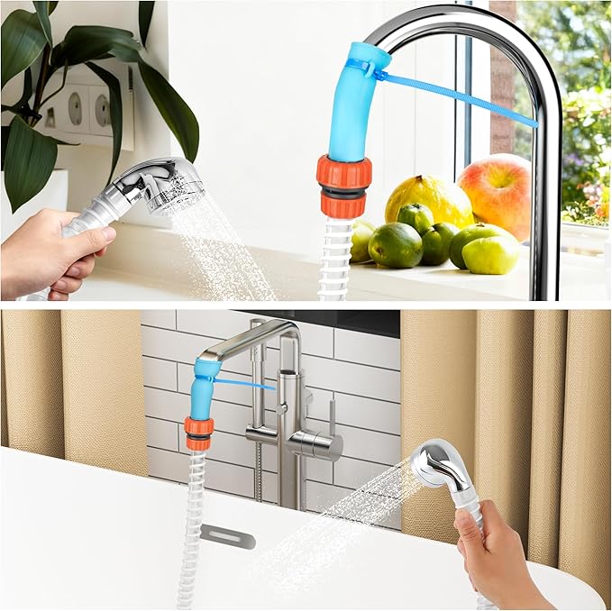Slip-On Tub Hose for Bathtub Faucet, Ear-Tab Zip-Tie Connector, Handheld Sprayer Head, No-Install Faucet Hose Attachment for Hair Washing & Cleaning, 5 ft, Fits Spouts up to 3 in