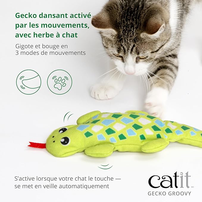 Catit Groovy Gecko Interactive Cat Toy – Flopping Motion Toy with Catnip & Silvervine, USB Rechargeable, Motion Sensor, Washable Cover – Green