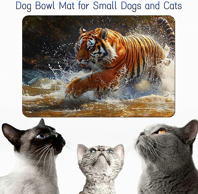 Dog Food Mat, 19.6" x 23.6" Absorbent Pet Feeding Mat for Food and Water, Waterproof Diatom Mud Pet Placemat with Non-Slip Rubber Backing, Easy Clean Cat Bowl Mat for Floors - Tiger