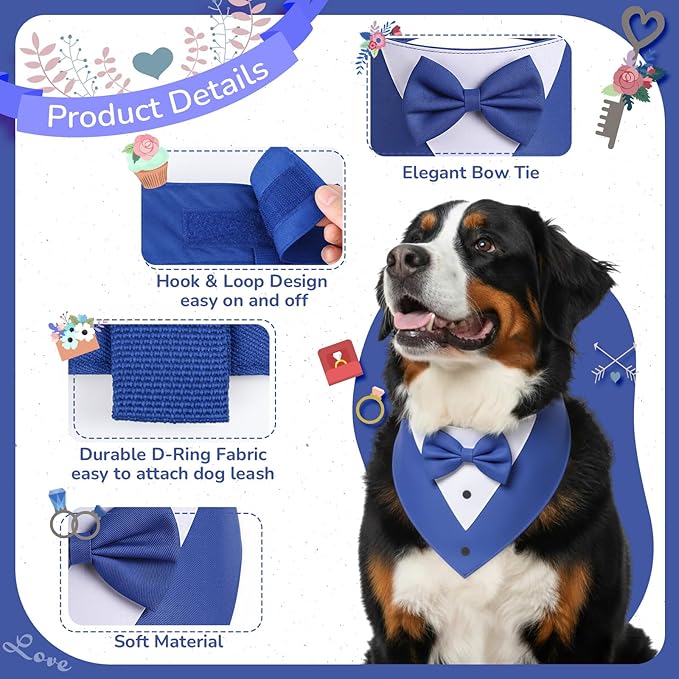 Gilprop 4 Pcs Formal Dog Outfit Dog Tuxedo Sets with Bowtie Wedding Dogs Bandana Collar with Nylon Leash Wedding Outfit Suit Adjustable Pet Party Costumes for Birthday(Black,Blue,Large:21"-24.5")