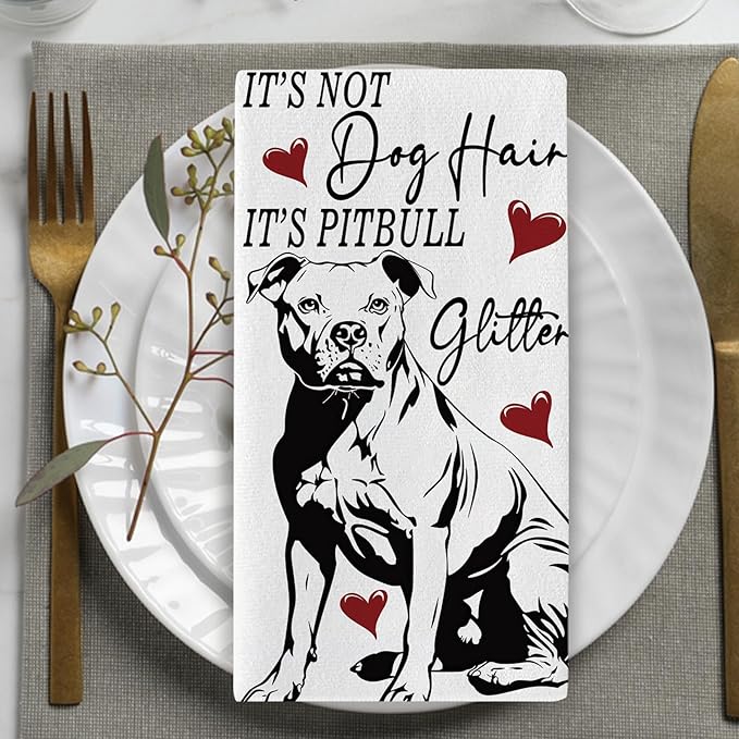 Funny Pitbull Dog Kitchen Dish Towels Set of 2, Life is Better with a Pitbull Drying Hand Towel Baking Cooking Cloth, Red Hearts Bathroom Home Decoration Gifts for Pet Dog Owner Lover 18''x26''