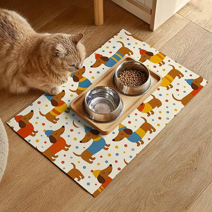HOMETITUTE Adorable Dachshund Puppy Pet Food Mat with Colorful Polka Dot Pattern Pet Bowl Mat for Dogs and Cats Non Slip Feeding Mats Easy Clean Fast Dry Cat and Dog Feedings Mats 20" x 12"