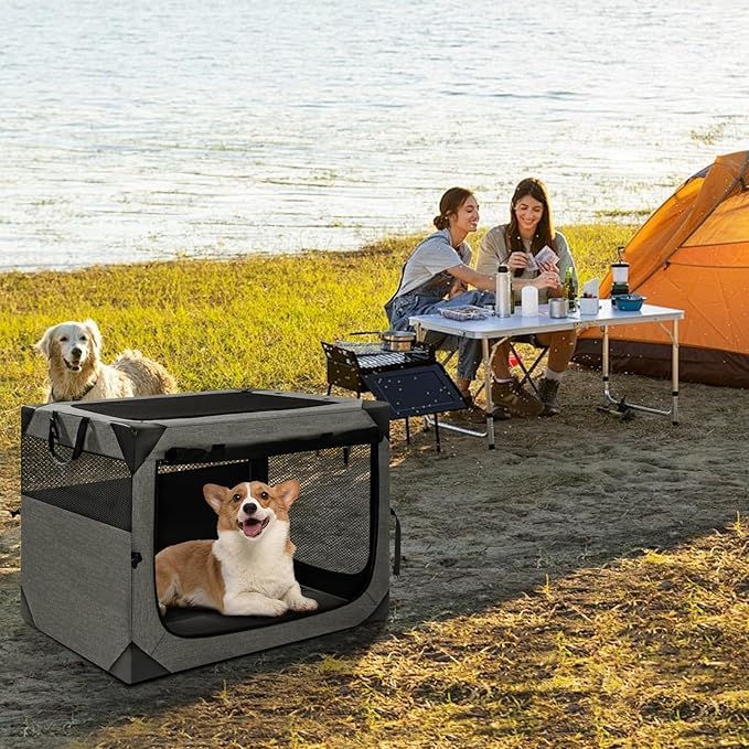 Zikopomi 30 Inch Portable Travel Dog Crate, 3 Door Collapsible Soft Pet Kennel with Durable Mesh Windows for Small and Medium Dogs, Foldable Dog Cage with Storage Pocket for Outdoor (Dark Grey)