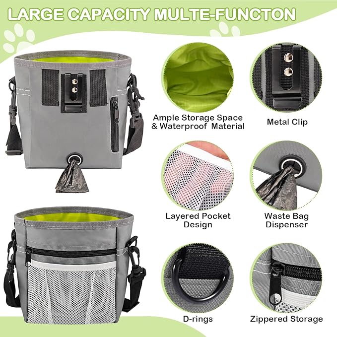 Dog Treat Pouch for Training -6 PCS Dog Training Treat Bag with Clicker, Poop Bag Dispenser, Whistle, Collapsible Bowl, Silicone Pouch, Adjustable Waist Pack for Dog Walk, Park, Outdoor Charcoal Gray
