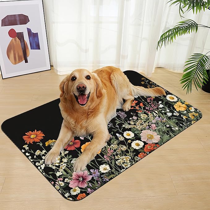 Vintage Wild Herbs Dog Cat Food Mat–Absorbent Waterproof Placemat for Food and Water Bowls, Non Slip Rubber Backing, Feeding Mat for Clean Floors 12"x20"
