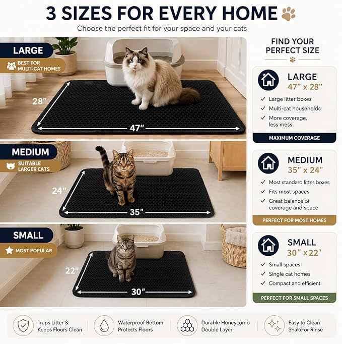 Cat Litter Box Mat Double Layer Trapping Mat Easy-Clean Waterproof Urine Proof(Black 30x22in)