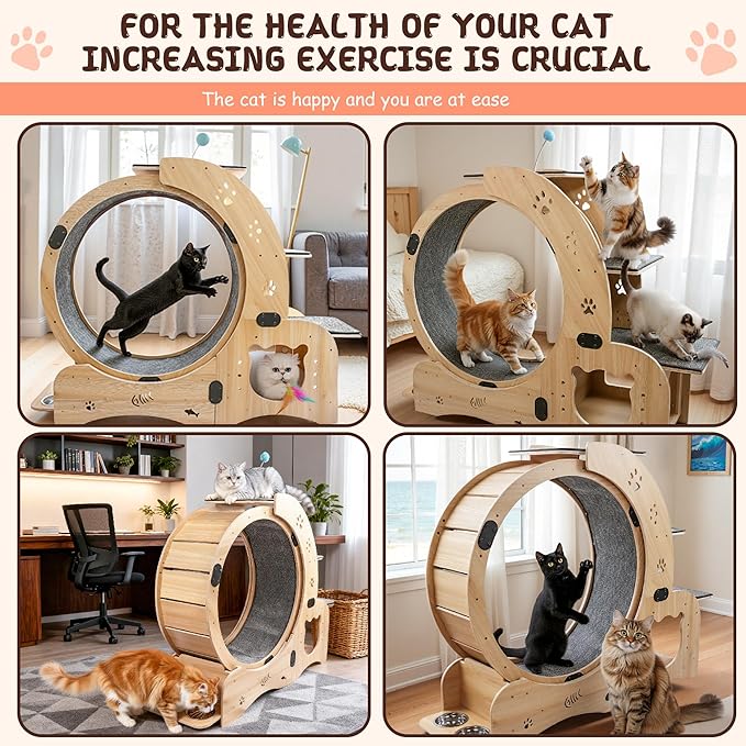 55-inch cat Wheel, 6-in-1 cat Wheels for Indoor Cats, Scratching Board, Detachable mat, Climbing Frame, nest & Toys, Multi-Functional Indoor Pet Activity Center/Walking/Training