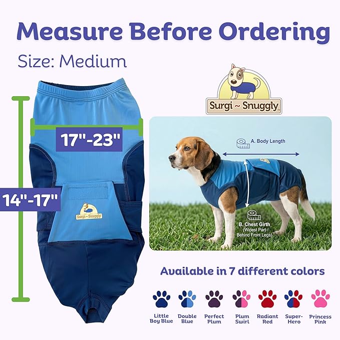 Surgi Snuggly Dog Surgery Recovery Suit - Dog Onesie for Post Surgery Recovery, Female Spay & Male Neuter - Surgical Suit for Dogs, E-Collar Cone Alternative, Double Blue - Medium - 14" - 17" (EC)