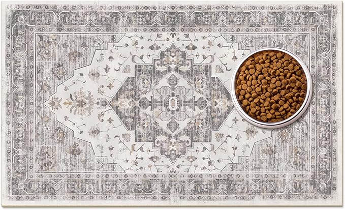 Boho Dog Feeding Mat, Absorbent Cat Matt for Food, Non Slip Pet Water Bowl Placemat Small for Floor, Beige & Charcoal & Brown Indoor Dog Eating Dish Mat 12"x20"