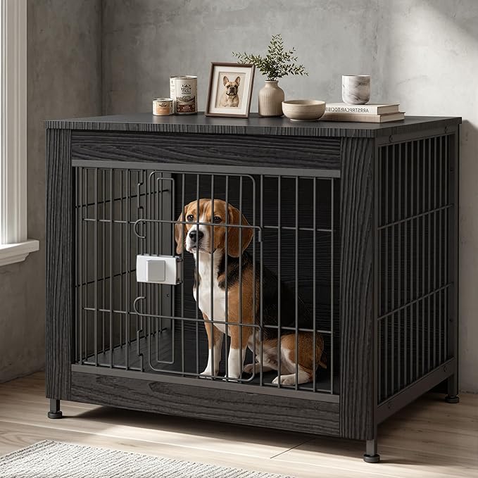 Wooden Dog Crate Furniture, 27in Dog Cage Furniture with Slide Safety Latch, Indoor Decorative End Table for High Anxiety Dogs, Furniture Style Dog Crate for Small to Medium Dogs, Black