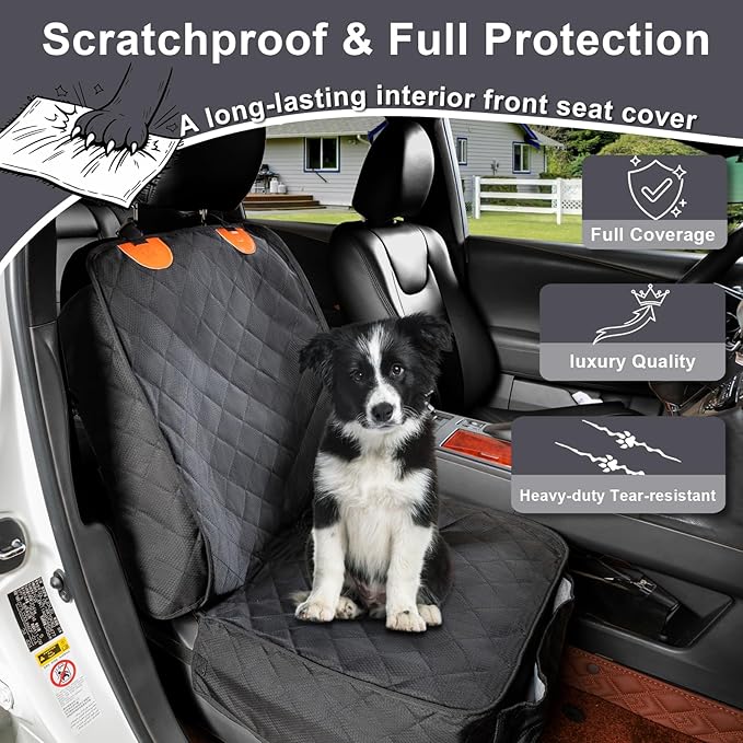 Dog Car Seat Cover Front Seat - Waterproof and Non-Slip, Heavy-Duty Pet Seat Protector with Side Flaps, Full Protection for Front Bucket Chairs on Cars SUVs Trucks (Black, Standard Front)