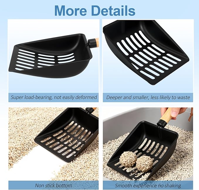 Cat Litter Scoop, Metal Litter Scoop, Heavy Duty Metal Cat Scooper for Litter Box, Black Sifter Scoop for Pellets, Wooden Handle Scoop with Hole, Kitty Necessity (Cat Litter Scoop Short)