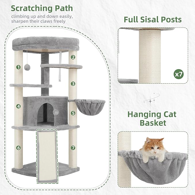 Gitelsnour Corner Cat Tree for Indoor Cats, Cat Tower with All Sisal Scratching Posts, Multi-Level Cat Condo wth Cat Cave, Large Top Perch, Hanging Basket, Sisal Ramp, Light Gray GCT025W