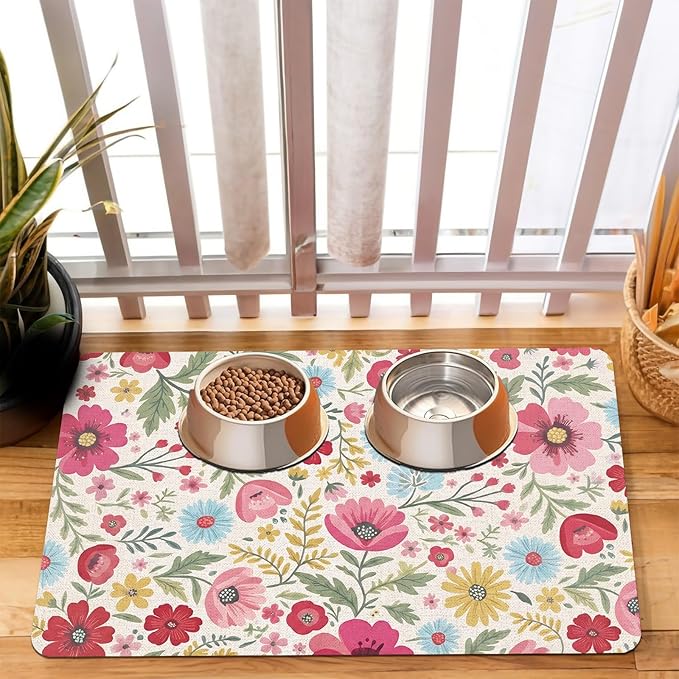 Pet Dog Cat Food Mat, Absorbent Quick Dry Dog Bowl Mats for Food and Water, Non Slip Boho Floral Dogs Cat Placemats Feeding Mat for Floors Indoor Puppy Pet Accessories Supplies 16 * 24 inch