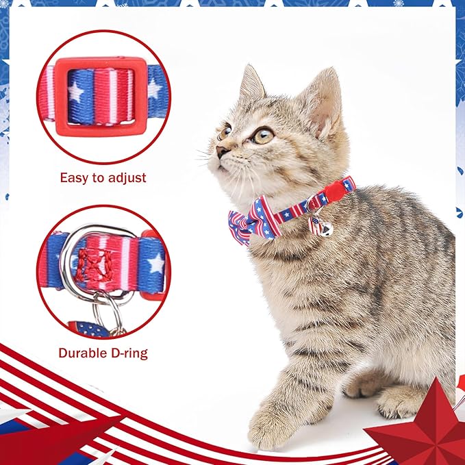 PUPTECK Cat Collar Breakaway with Bells, Kitten Collar Outfit Adjustable for Girl Boy Small Pet Puppy Bunny, Cute Costume Accessory with Safety Release Buckle (Bowtie-Independence Day)